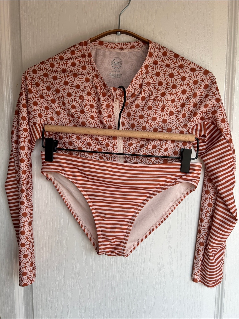 wonder nation Girls Rust & White Floral Stripe Two-Piece Swim Set 10/12